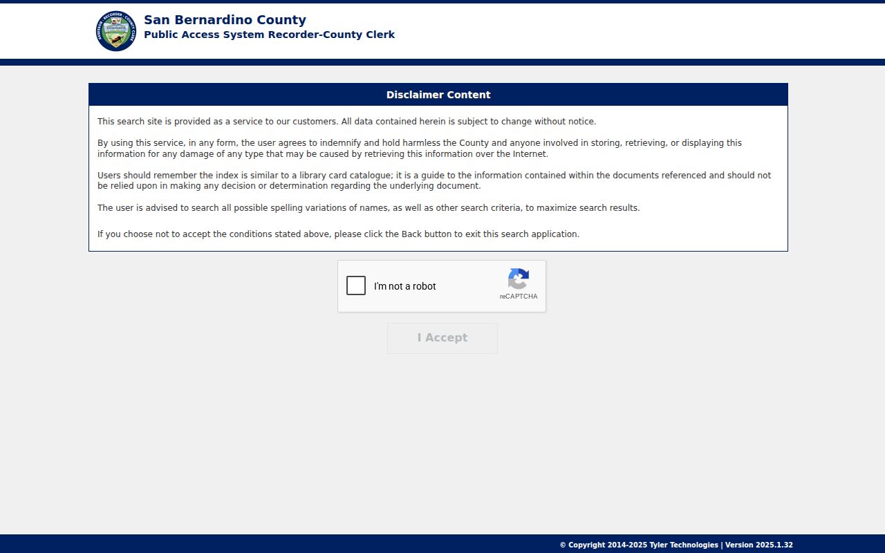Colton street directory recorder public index disclaimer